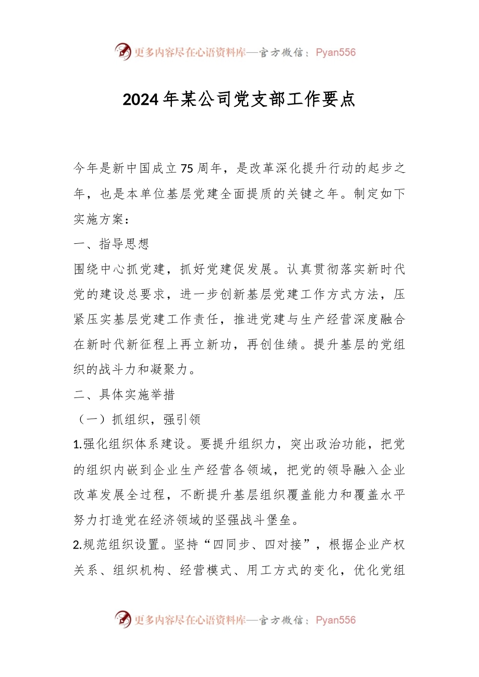 2024年某公司党支部工作要点.docx_第1页