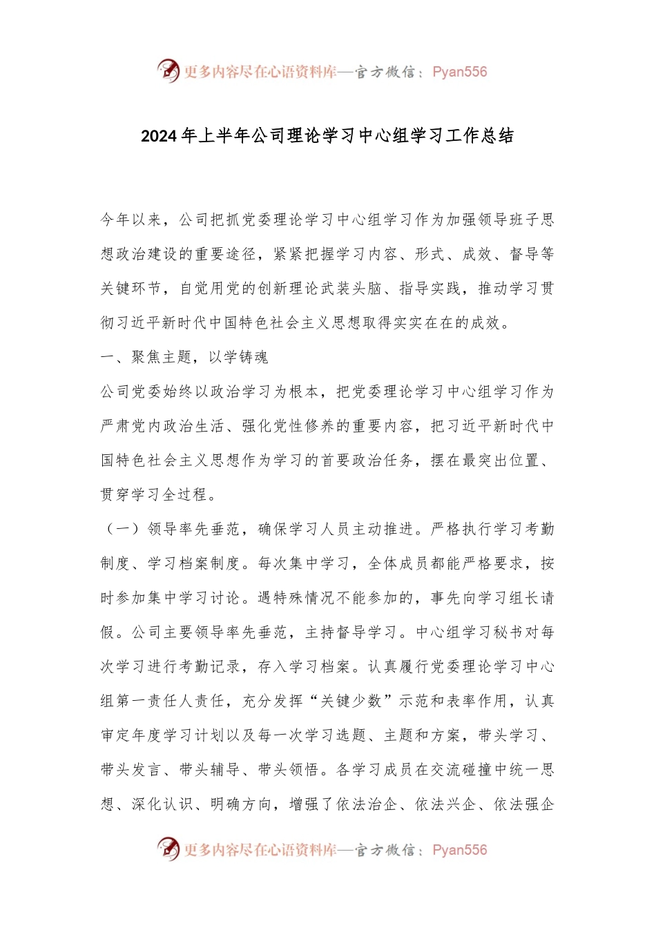 2024年上半年公司理论学习中心组学习工作总结.docx_第1页