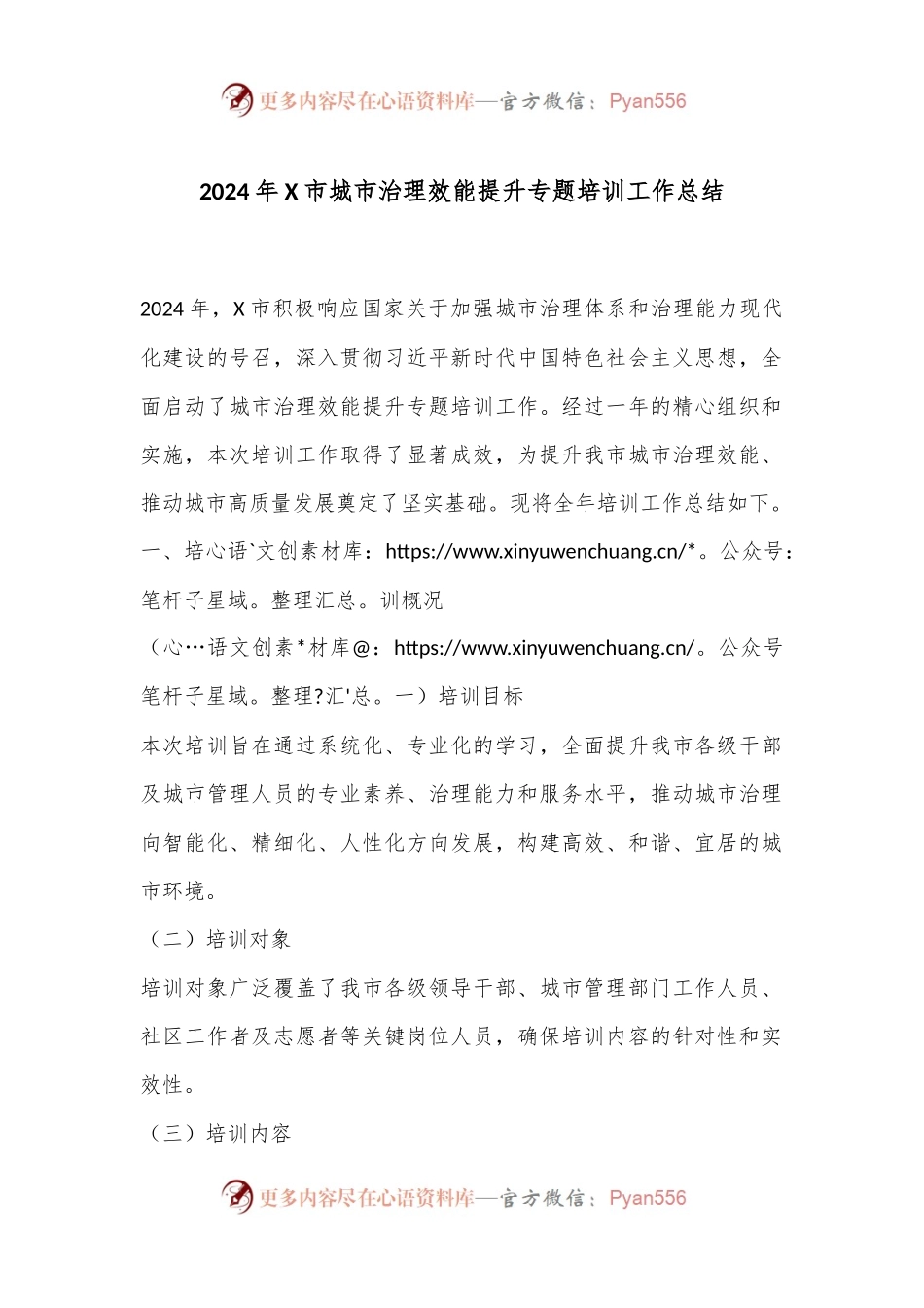 2024年X市城市治理效能提升专题培训工作总结.docx_第1页
