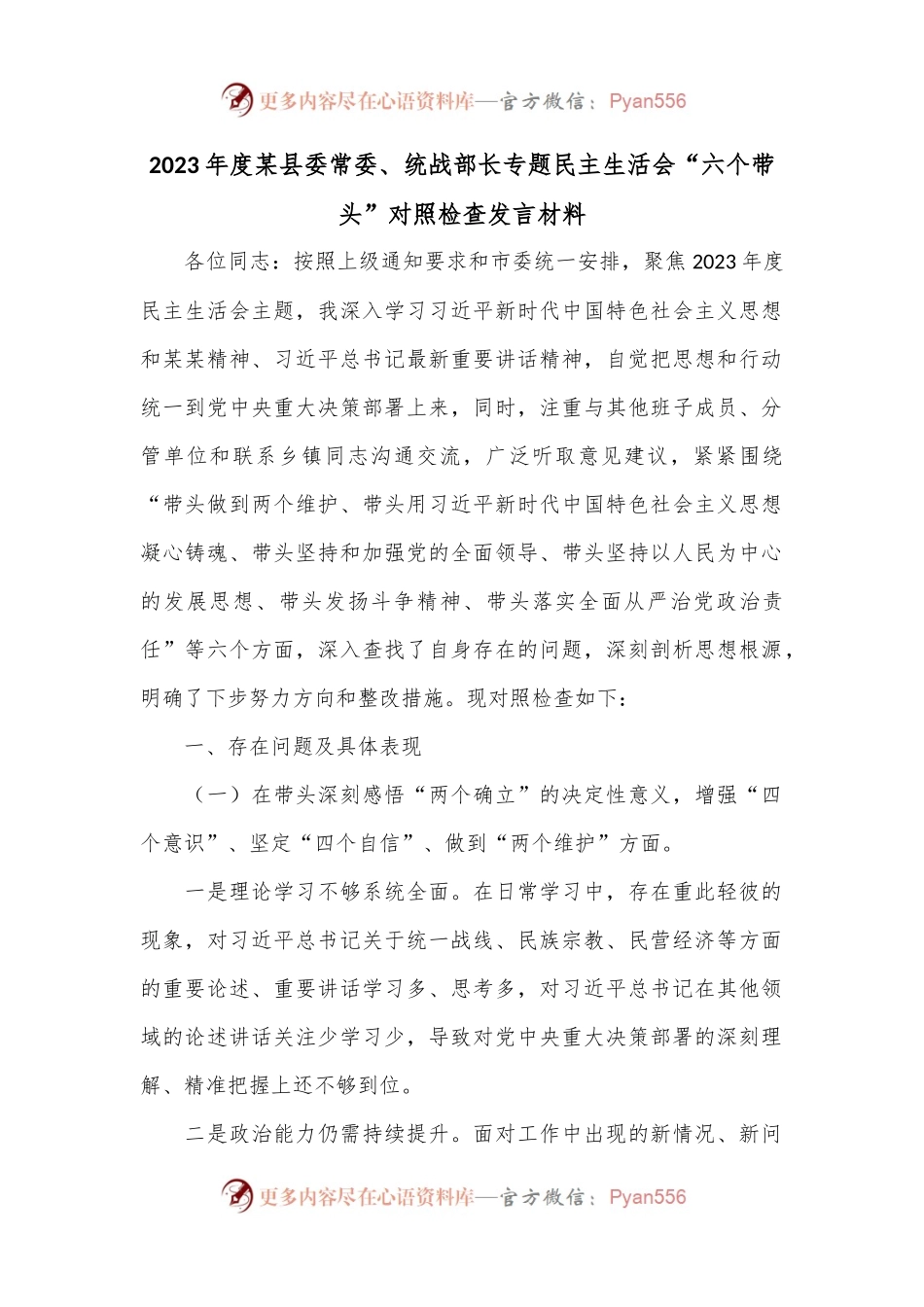 2023年度某县委常委、统战部长专题民主生活会“六个带头”对照检查发言材料.docx_第1页