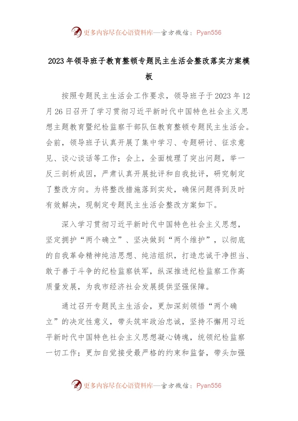 2023年领导班子教育整顿专题民主生活会整改落实方案模板.docx_第1页