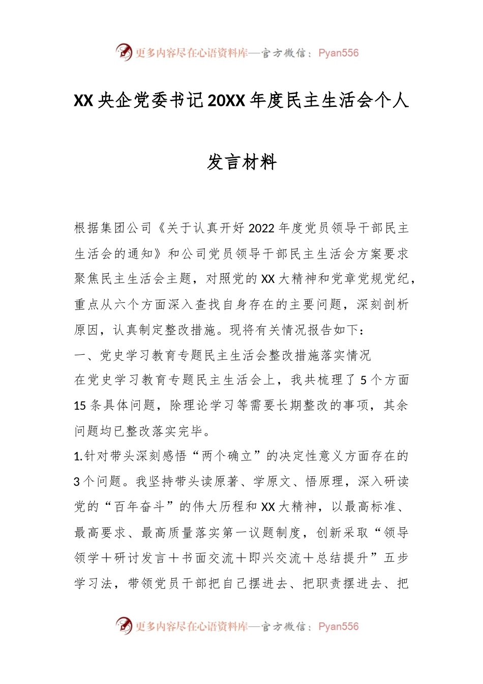 XX央企党委书记20XX年度民主生活会个人发言材料.docx_第1页