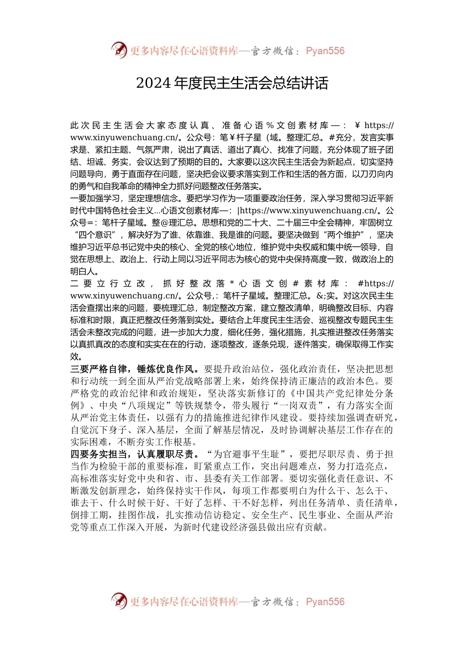 2024年度民主生活会总结讲话.docx_第1页