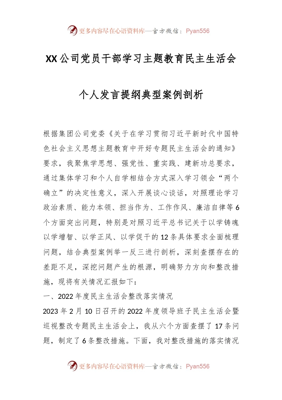 XX公司党员干部学习主题教育民主生活会个人发言提纲典型案例剖析.docx_第1页
