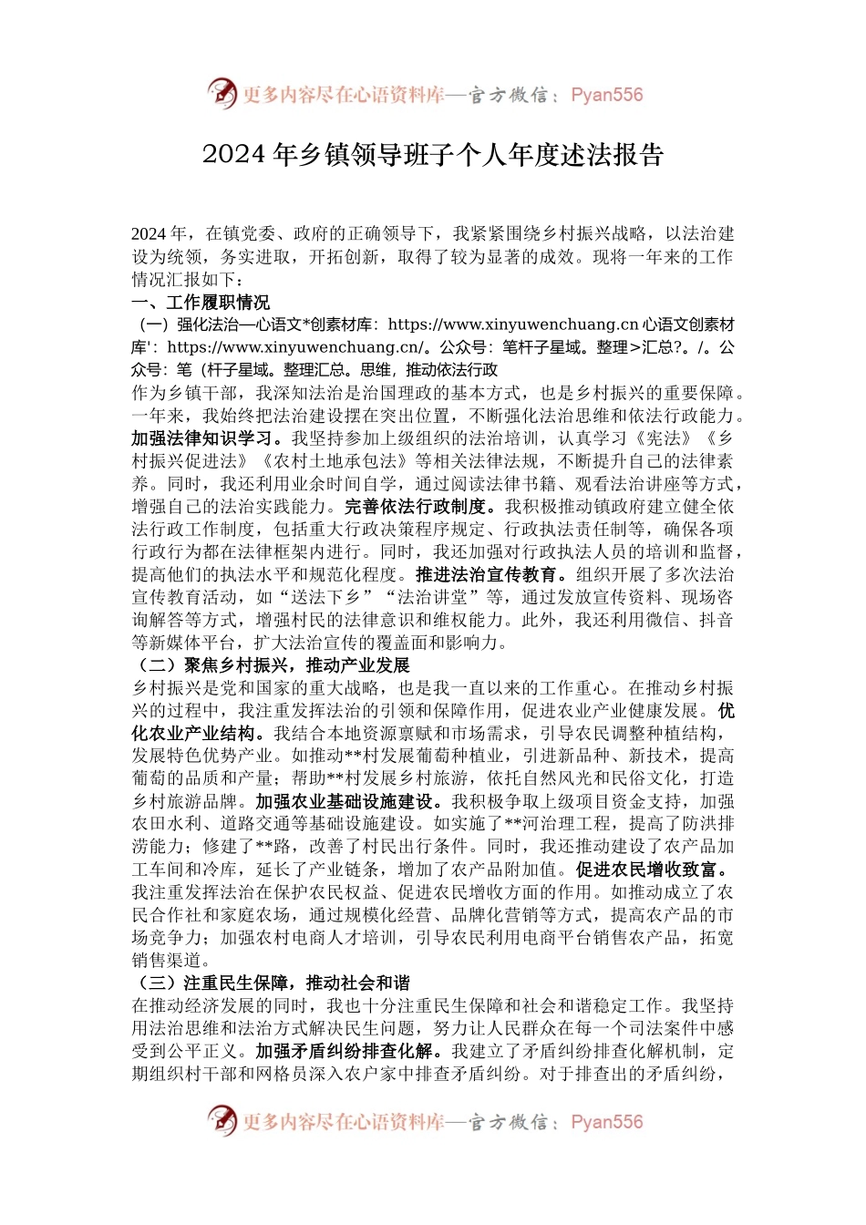 2024年乡镇领导班子个人年度述法报告.docx_第1页