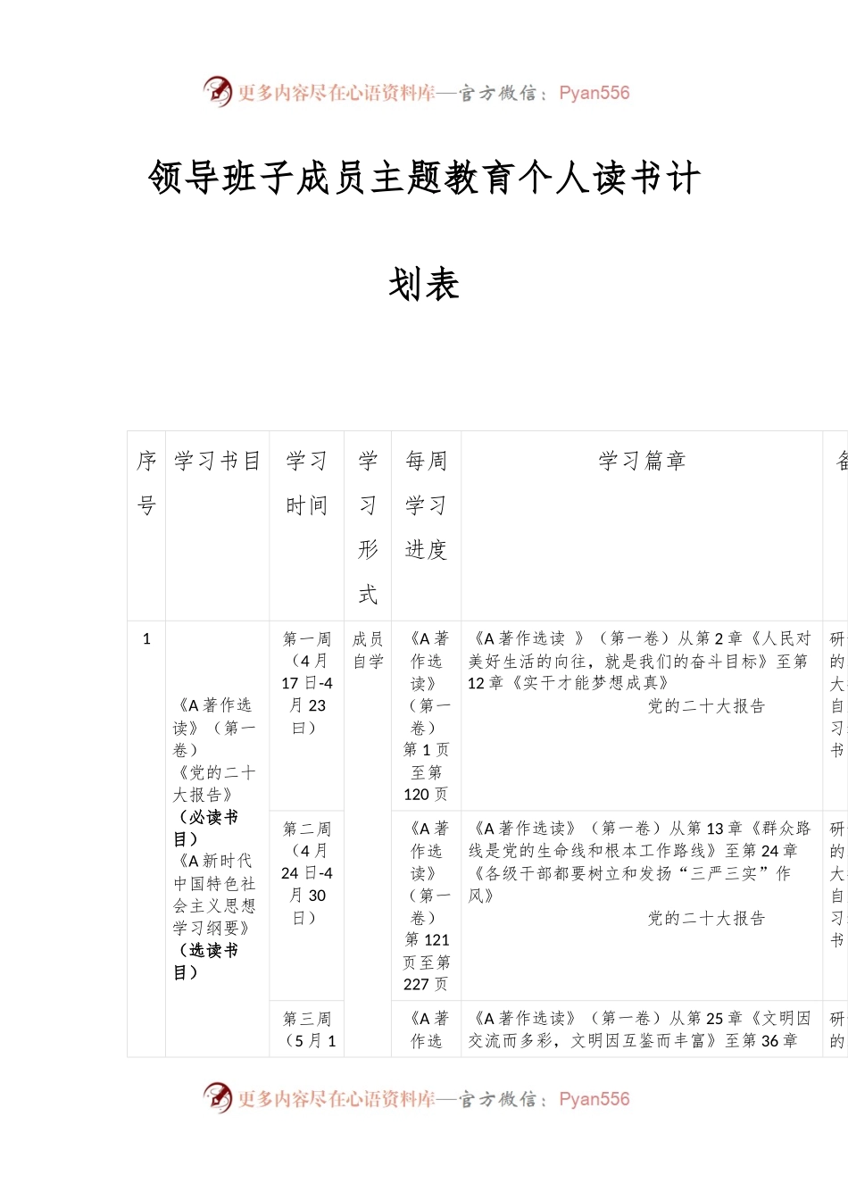 2023的领导班子成员主题教育个人读书计划表.docx_第1页