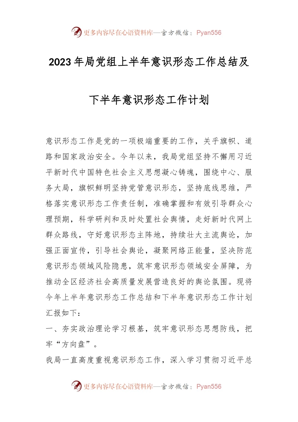 2023年局党组上半年意识形态工作总结及下半年意识形态工作计划.docx_第1页