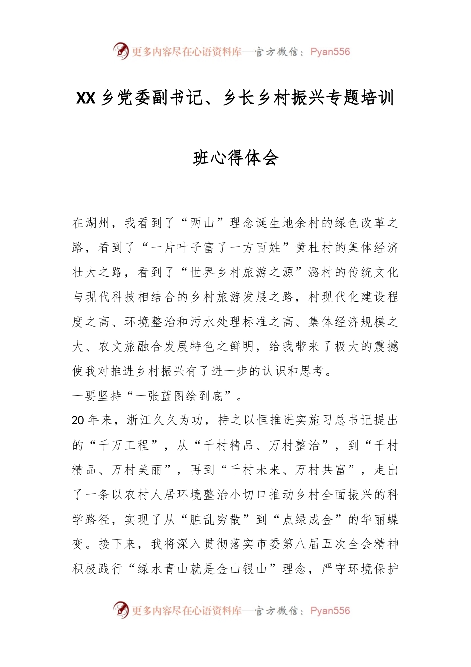 XX乡党委副书记、乡长乡村振兴专题培训班心得体会.docx_第1页