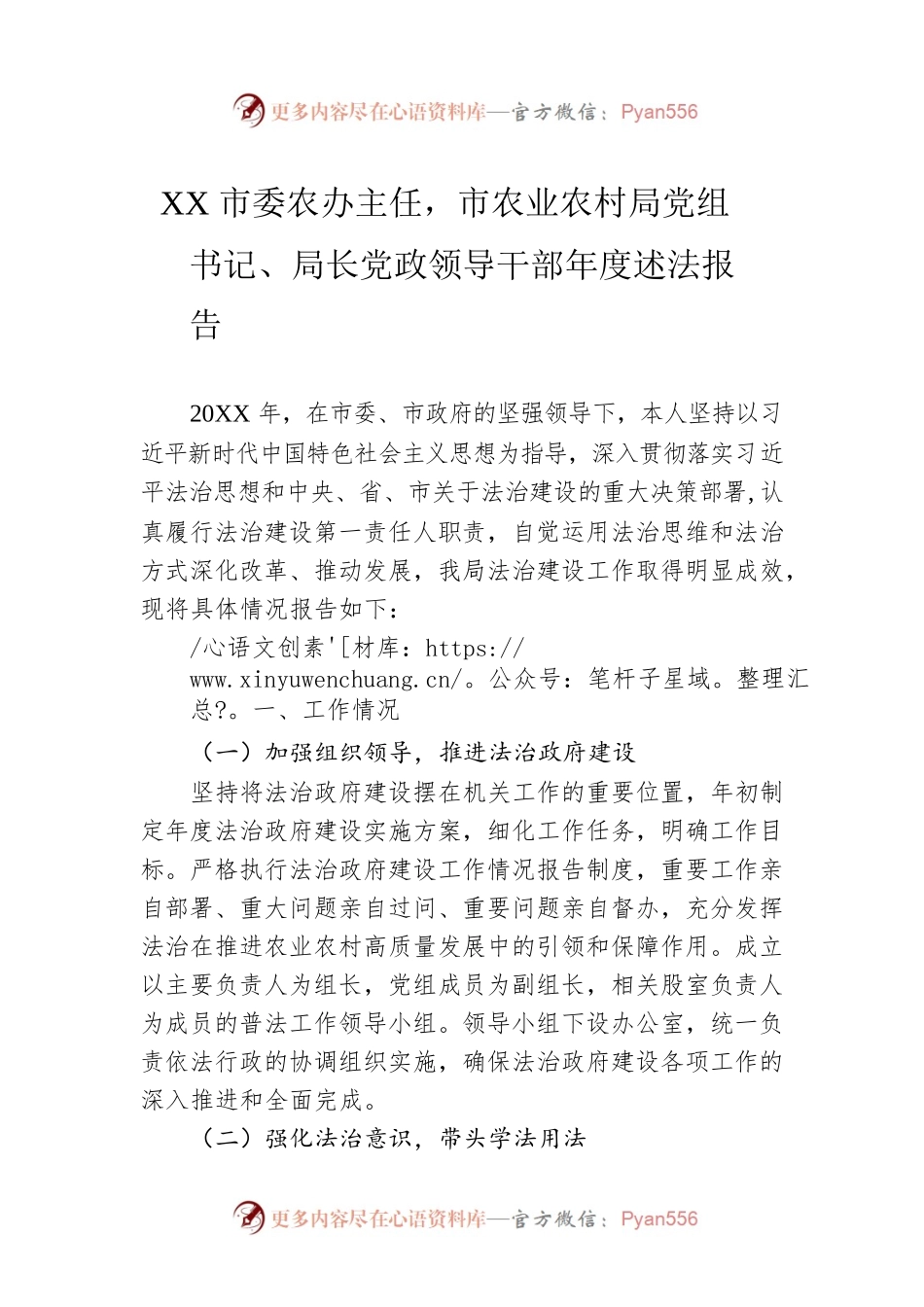 XX市委农办主任，市农业农村局党组书记、局长党政领导干部年度述法报告（20220130）.docx_第1页