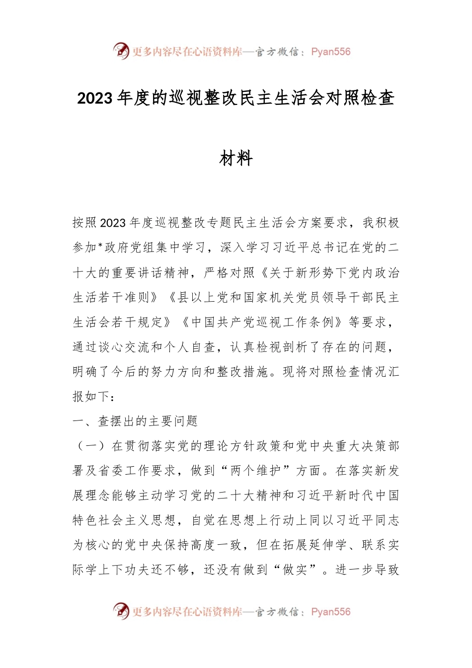 2023年度的巡视整改民主生活会对照检查材料.docx_第1页
