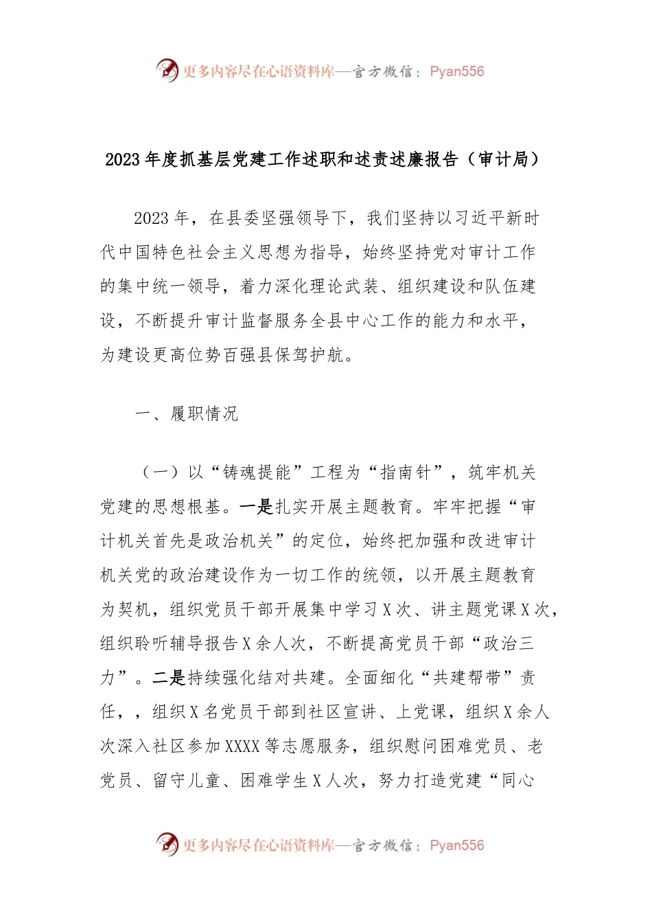 2023年度抓基层党建工作述职和述责述廉报告（审计局）.docx_第1页