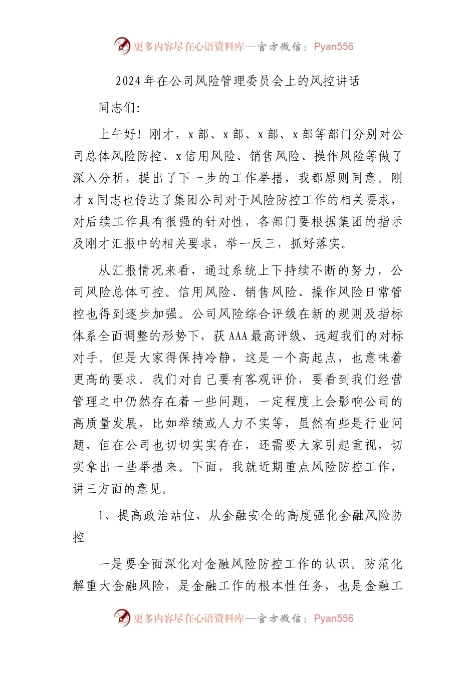 2024年国企风险管理委员会上的风控讲话.docx_第1页