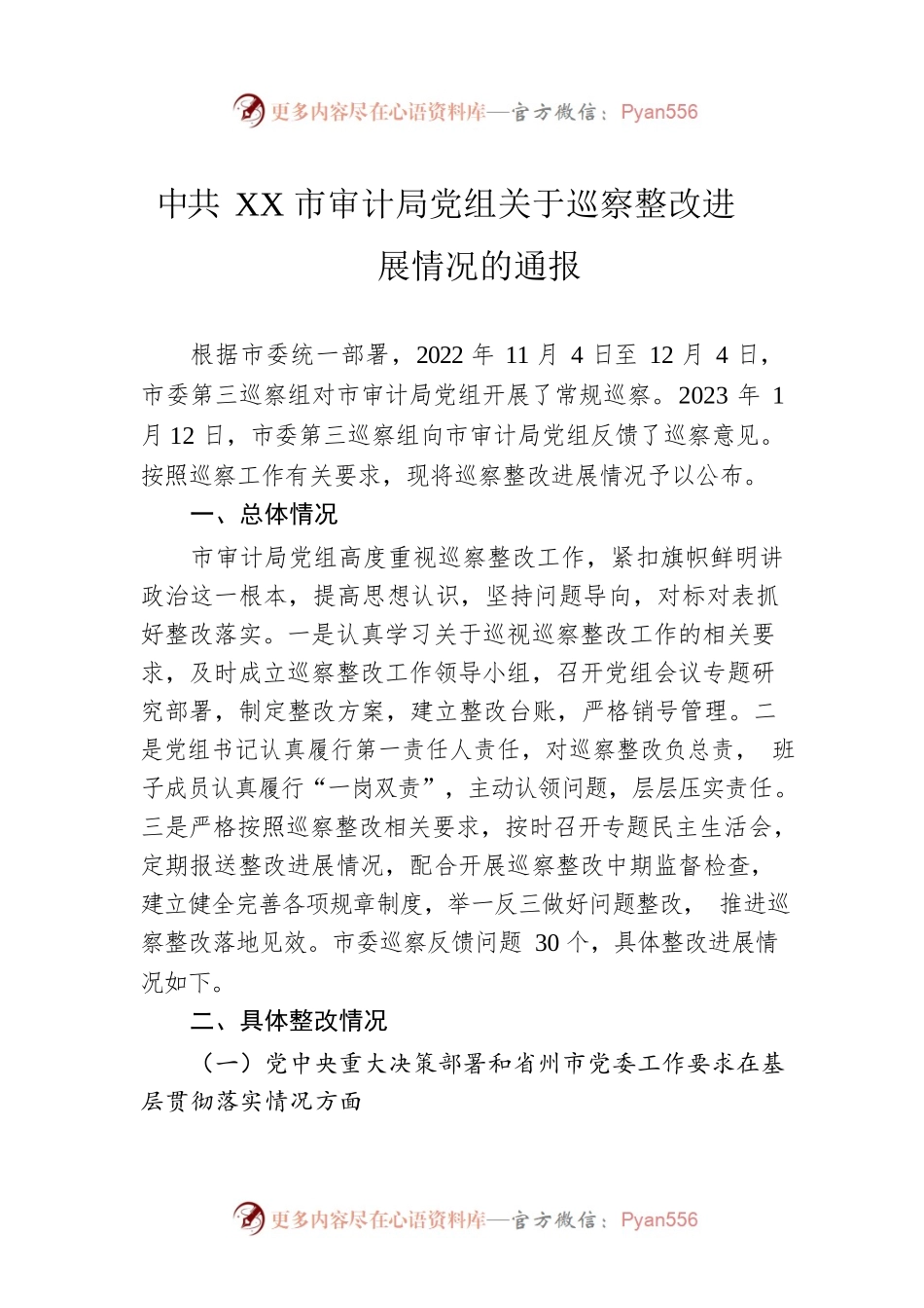 XX市审计局党组关于巡察整改进展情况的通报（20230512）.docx_第1页