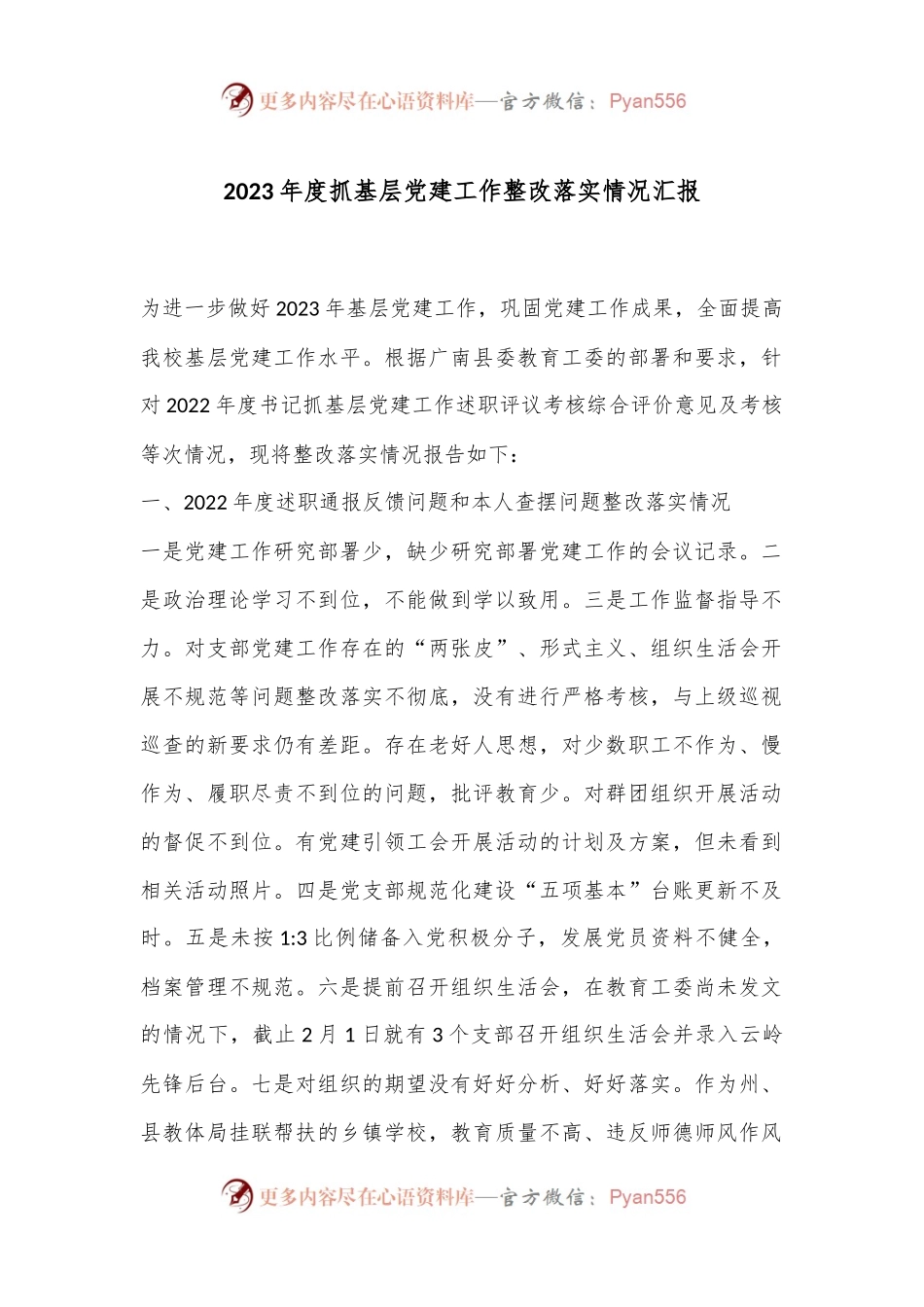 2023年度抓基层党建工作整改落实情况汇报.docx_第1页