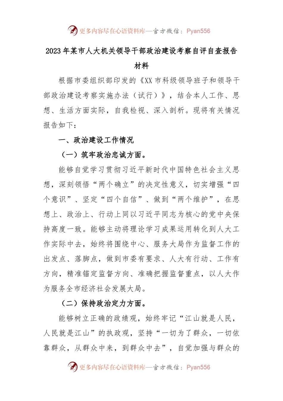 2023年某市人大机关领导干部政治建设考察自评自查报告材料.docx_第1页