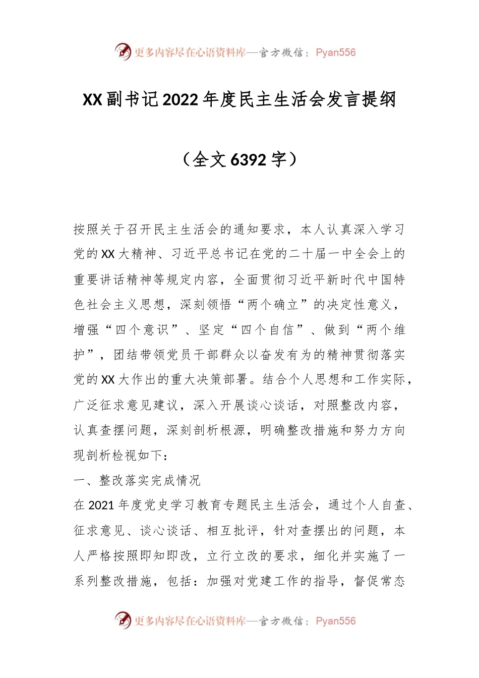 XX副书记2022年度民主生活会发言提纲.docx_第1页