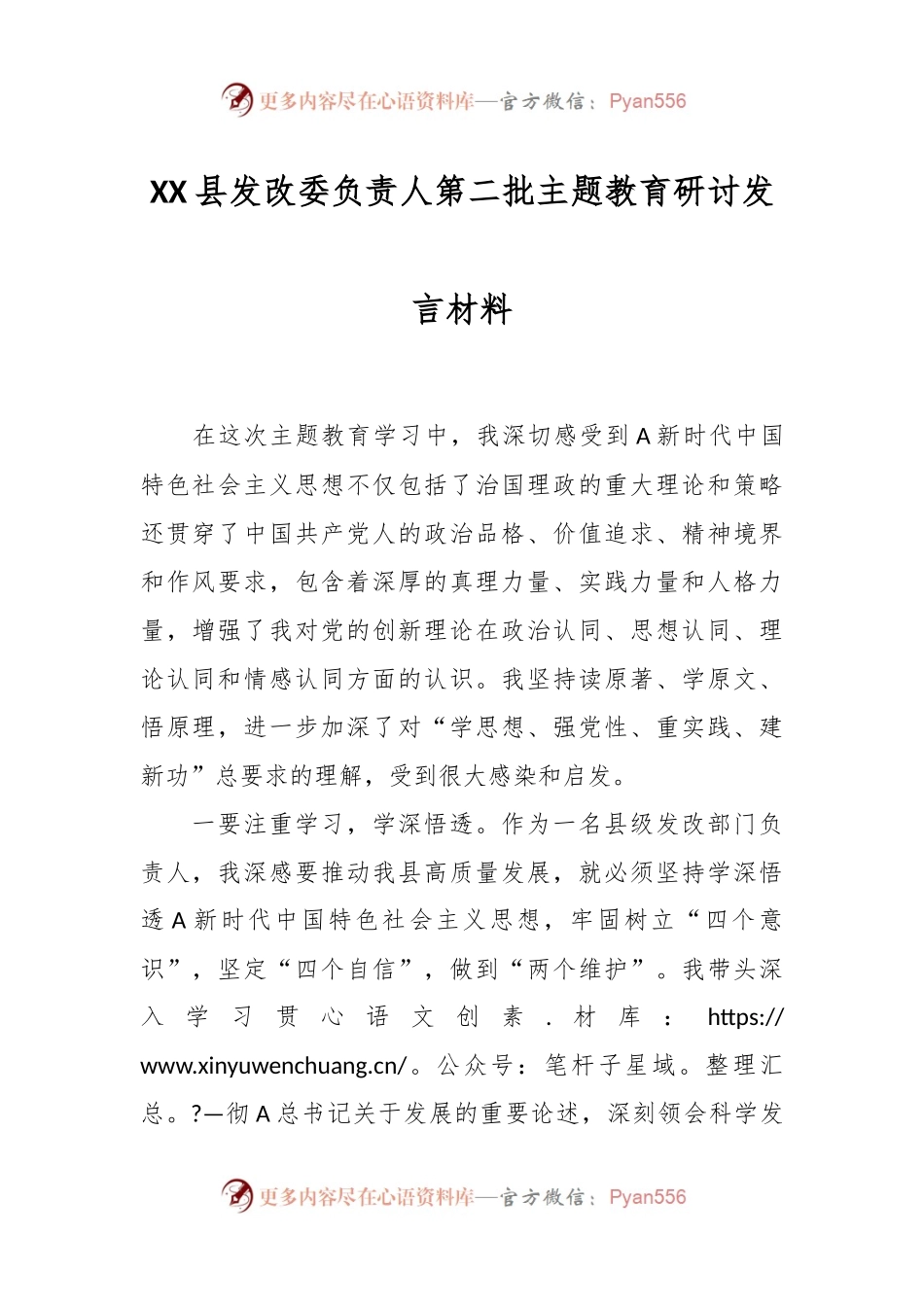 XX县发改委负责人第二批主题教育研讨发言材料.docx_第1页