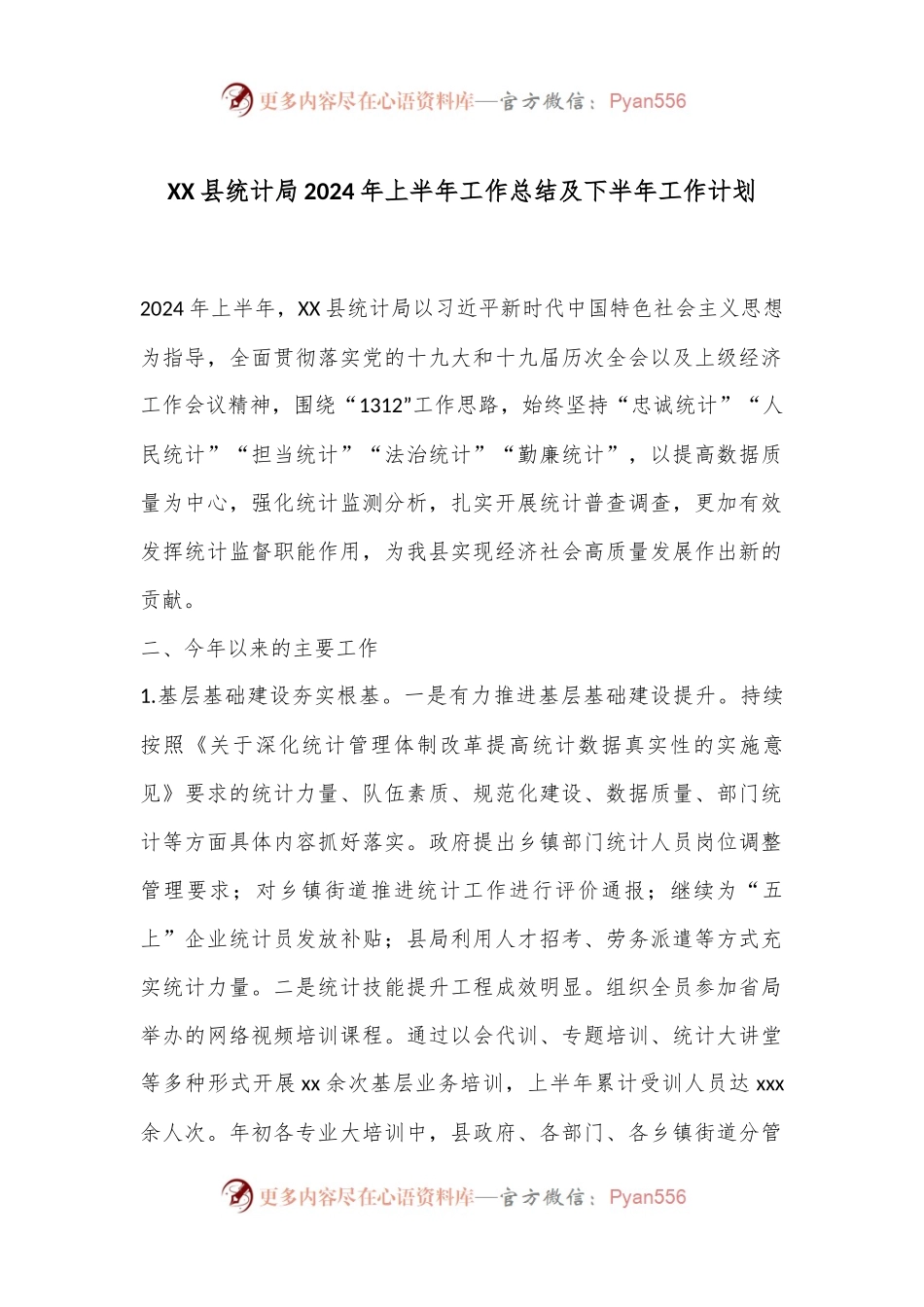 XX县统计局2024年上半年工作总结及下半年工作计划.docx_第1页