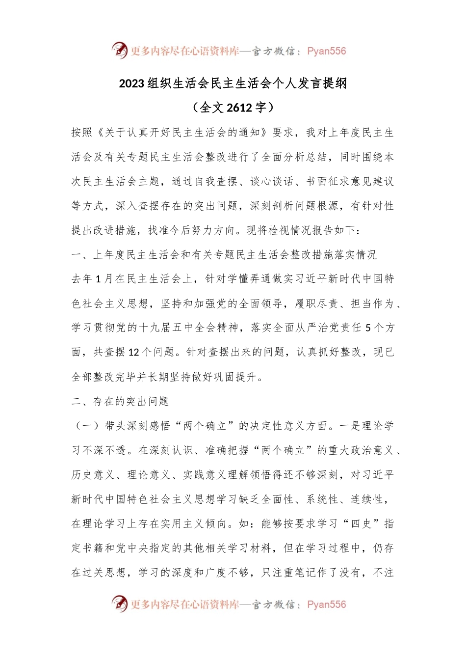 2023组织生活会民主生活会个人发言提纲（全文2612字）.docx_第1页