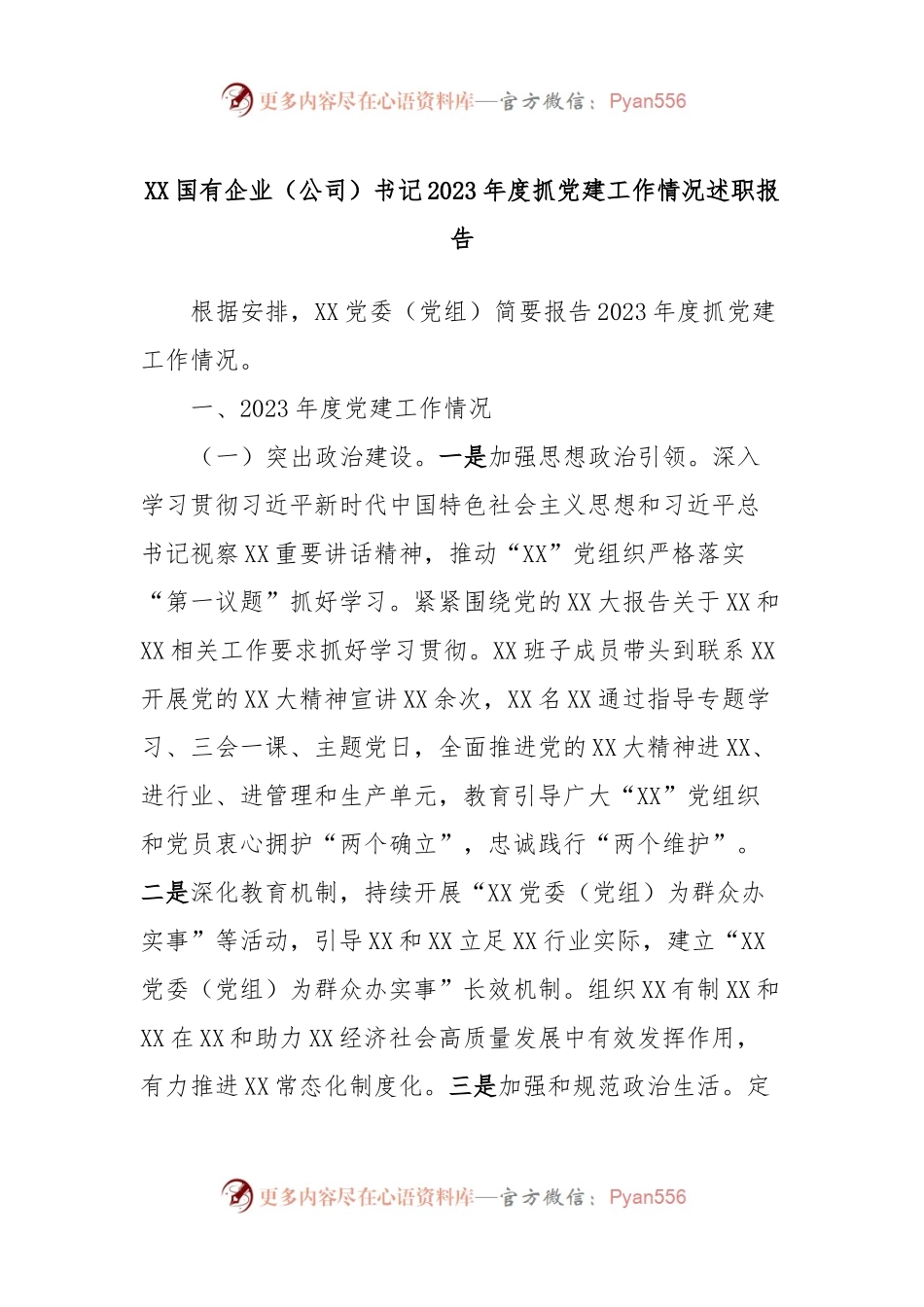 XX国有企业（公司）书记2023年度抓党建工作情况述职报告.docx_第1页