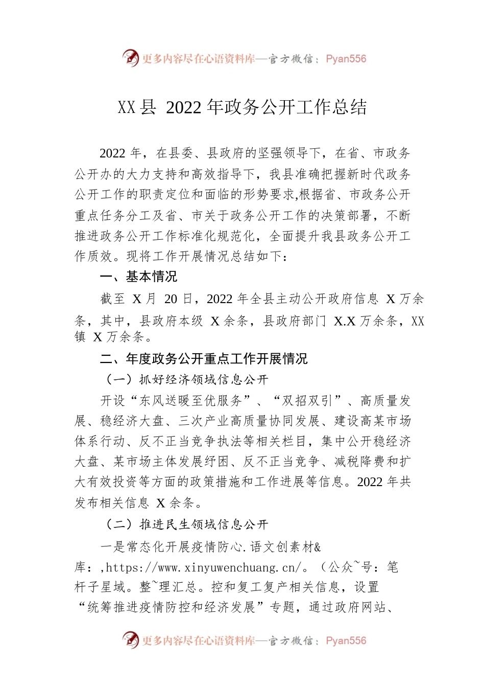 XX县2022年政务公开工作总结（20221220）.docx_第1页