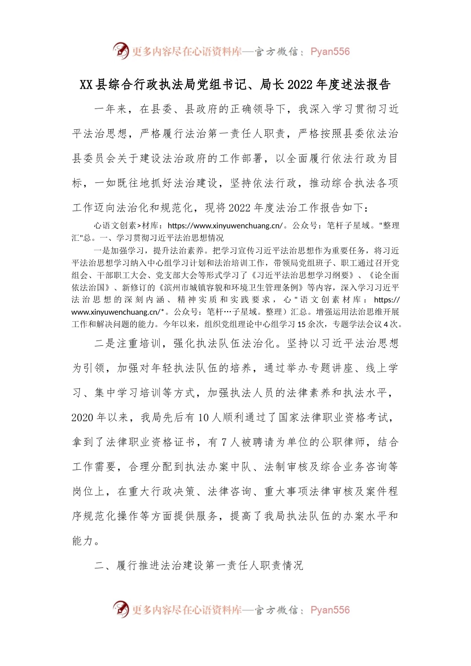 XX县综合行政执法局党组书记、局长2022年度述法报告.docx_第1页