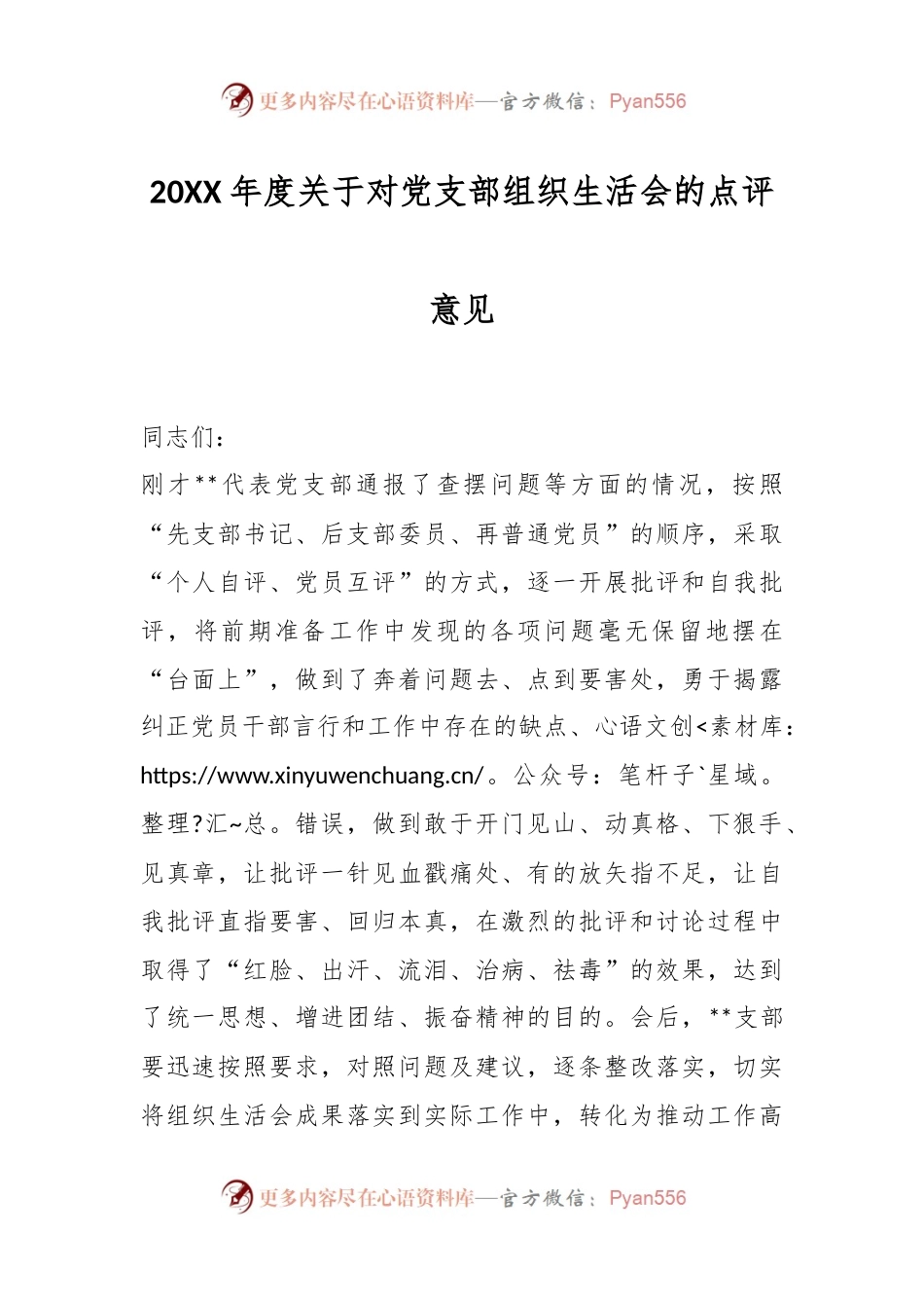 20XX年度关于对党支部组织生活会的点评意见.docx_第1页