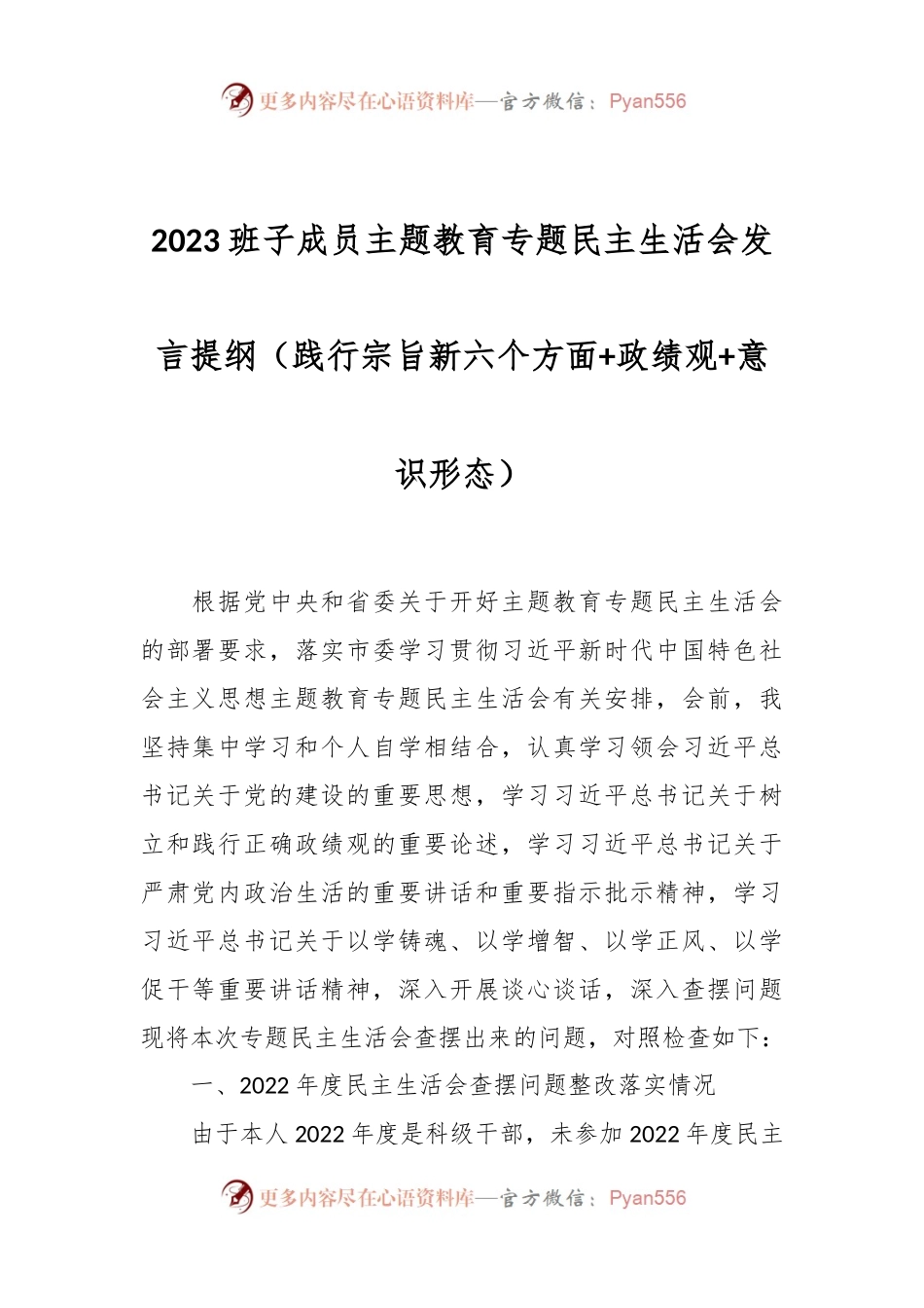 2023班子成员主题教育专题民主生活会发言稿提纲（践行宗旨新六个方面+政绩观+意识形态）.docx_第1页