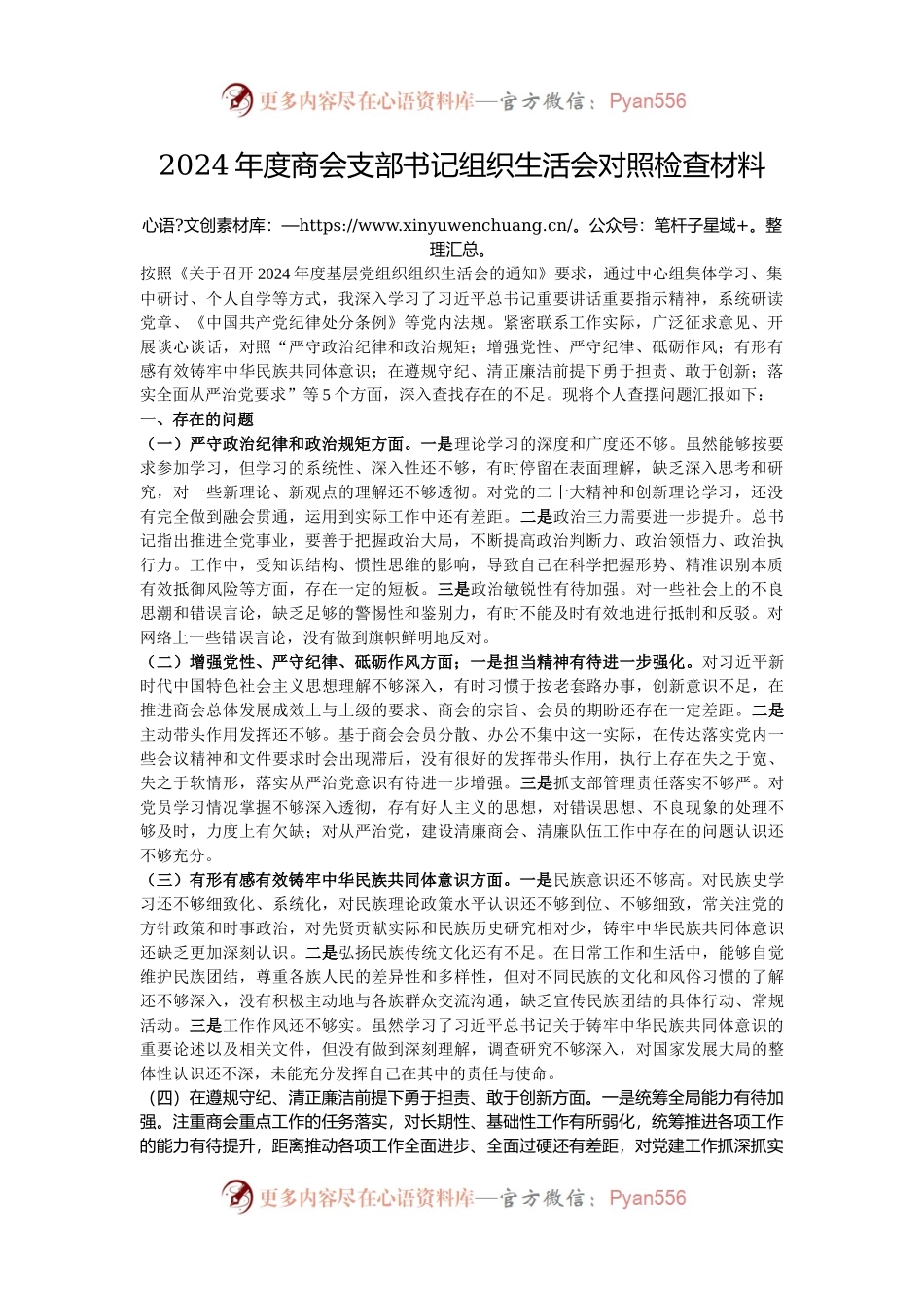 2024年度商会支部书记组织生活会对照检查材料.docx_第1页