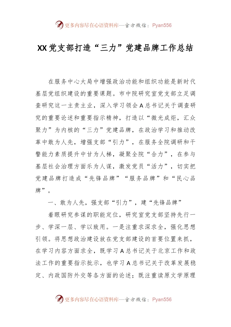 XX党支部打造“三力”党建品牌工作总结.docx_第1页