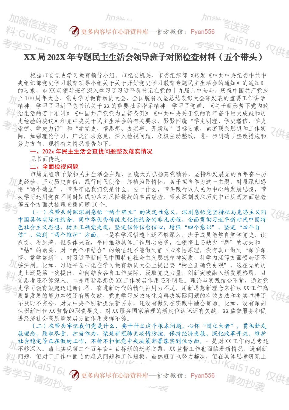 XX局党史学习教育民主生活会班子剖析材料.docx_第1页