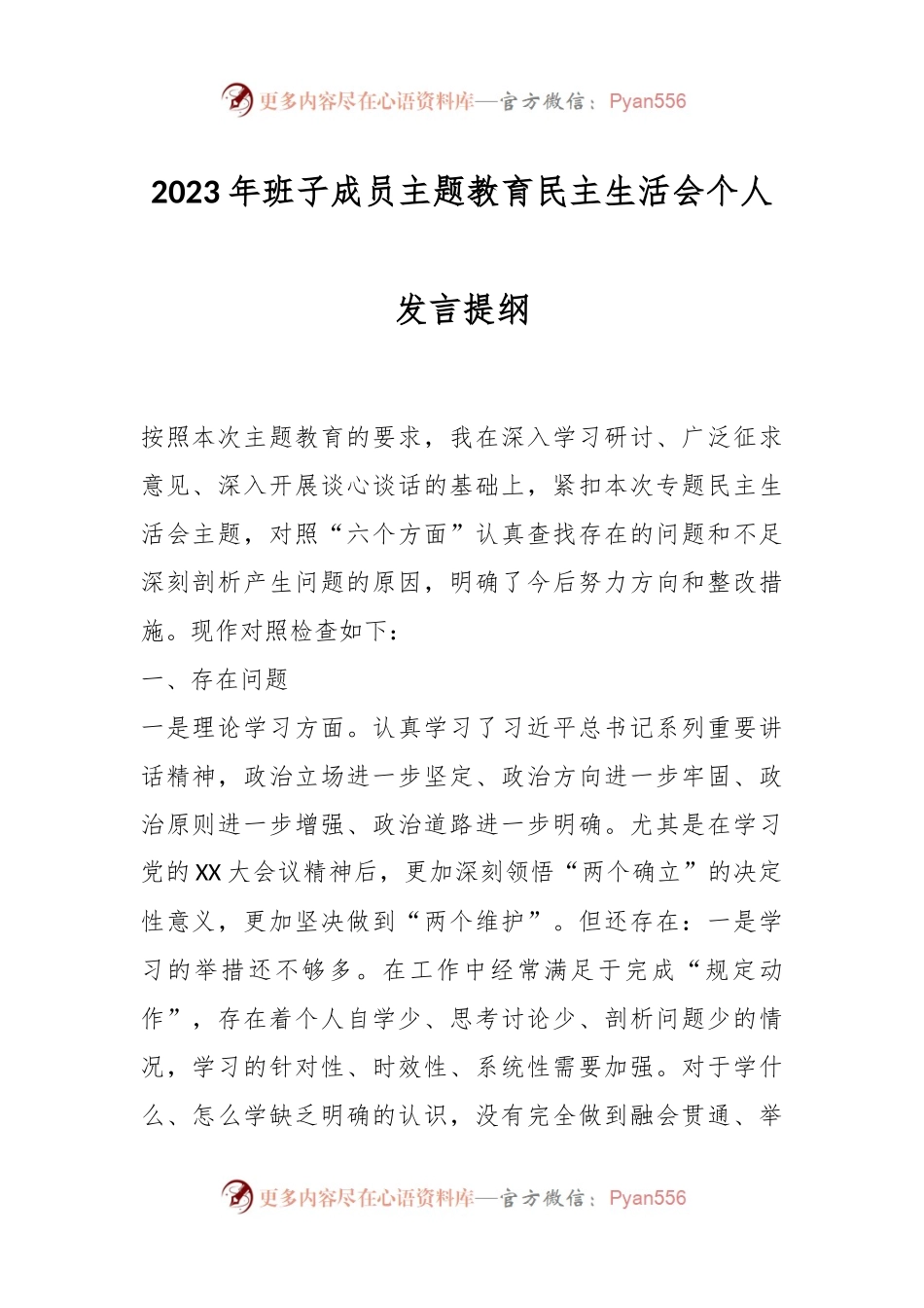 2023年班子成员主题教育民主生活会个人发言稿提纲.docx_第1页