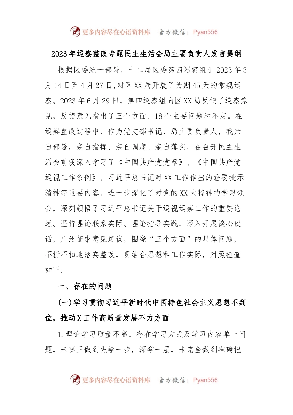 2023年巡察整改专题民主生活会局主要负责人发言提纲.docx_第1页