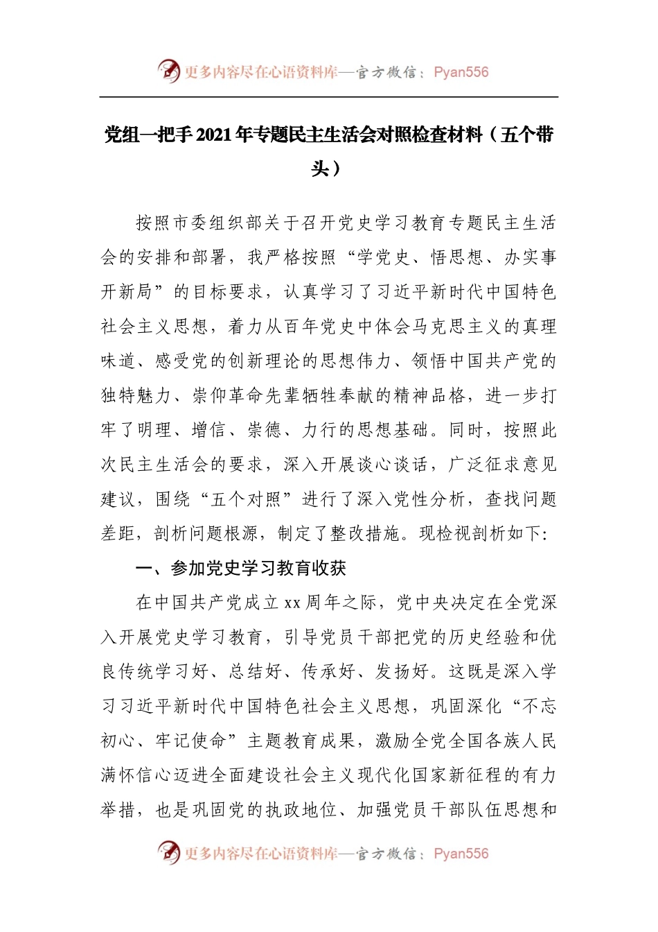 64个人2021年专题民主生活会对照检查材料[主要负责人].docx_第1页