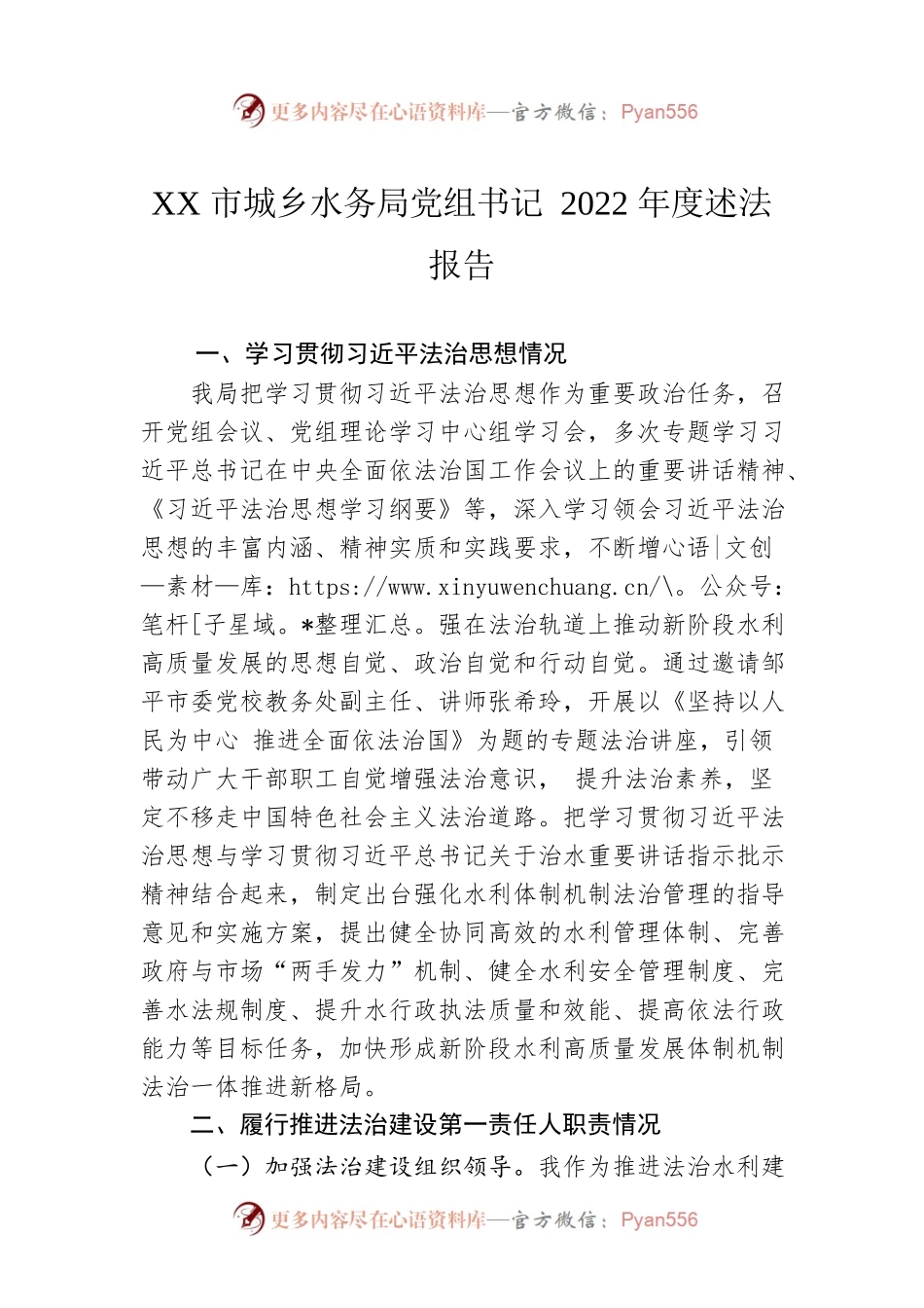 XX市城乡水务局党组书记2022年度述法报告（20221124）.docx_第1页