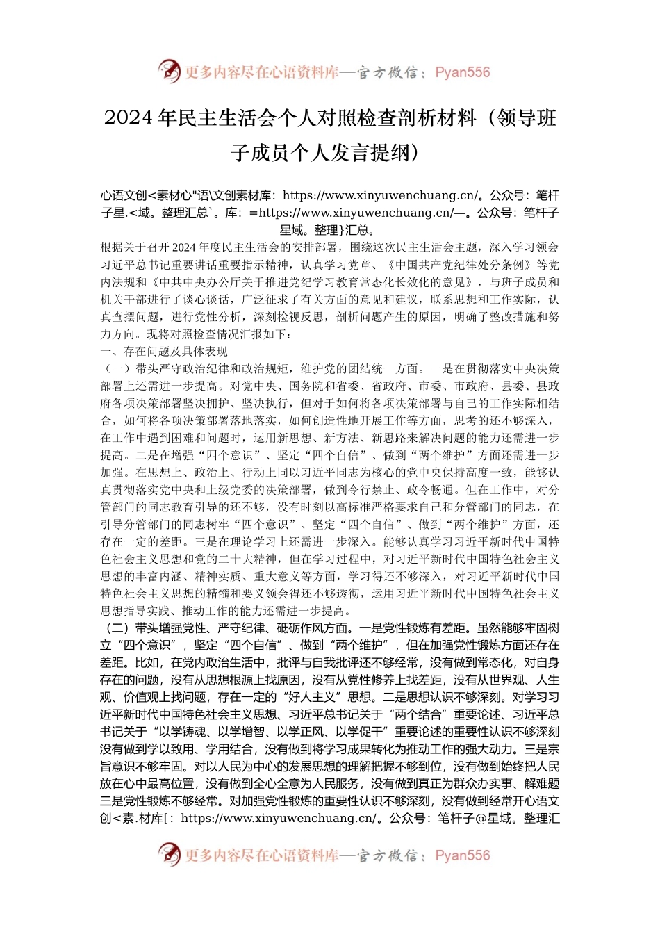 2024年民主生活会个人对照检查剖析材料（领导班子成员个人发言提纲）.docx_第1页