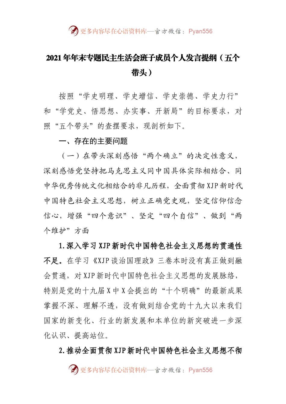 47个人2021年专题民主生活会个人发言提纲（副职）.docx_第1页