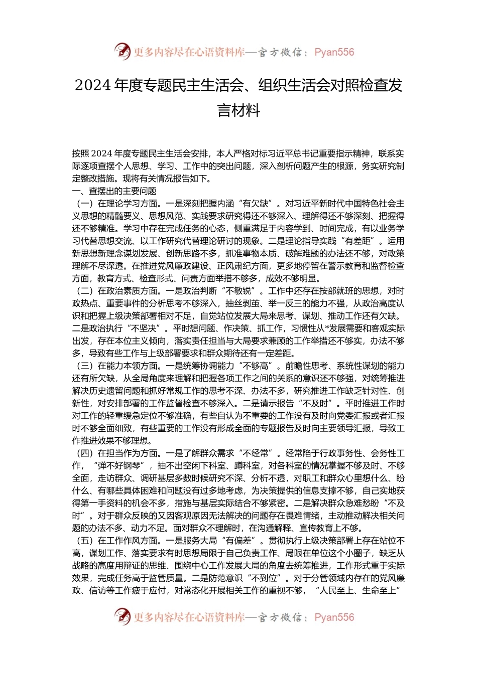 2024年度专题民主生活会、组织生活会对照检查发言材料.docx_第1页