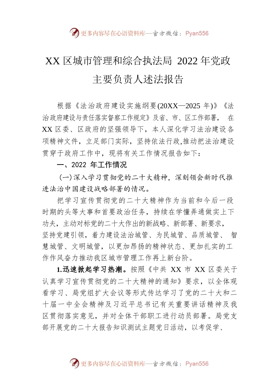 XX区城市管理和综合执法局2022年党政主要负责人述法报告（20230113）.docx_第1页
