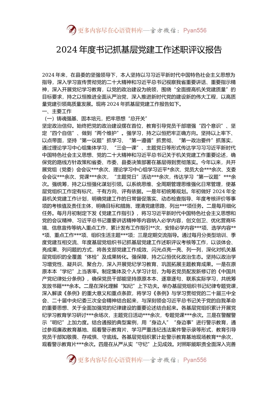2024年度书记抓基层党建工作述职评议报告.docx_第1页