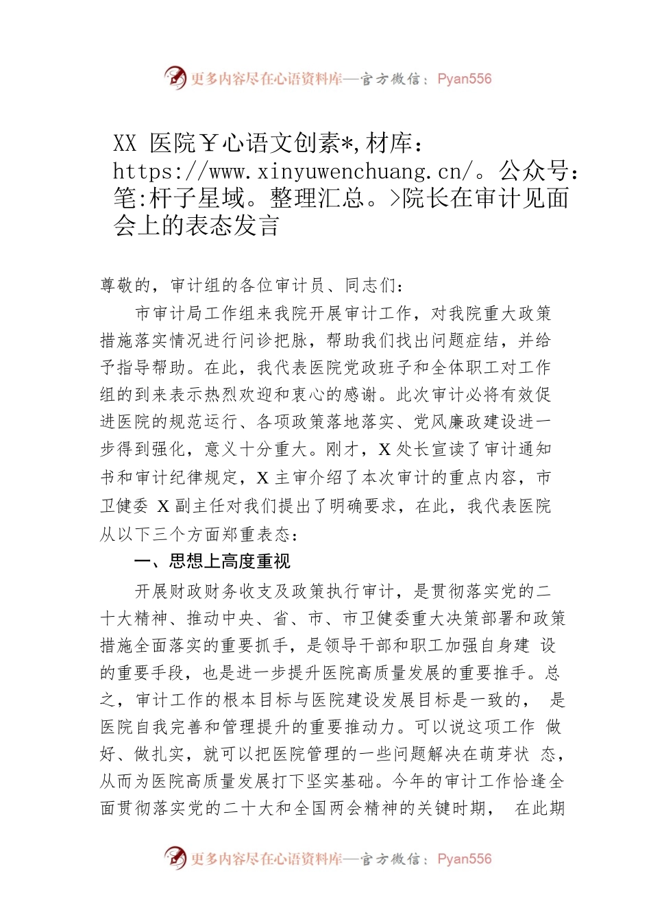XX医院院长在审计见面会上的表态发言.docx_第1页