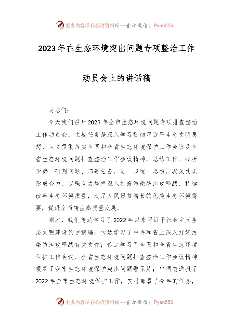 2023年在生态环境突出问题专项整治工作动员会上的讲话稿.docx_第1页