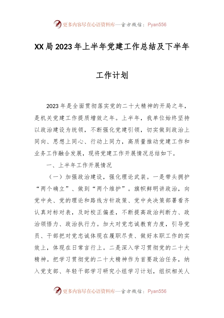 XX局2023年上半年党建工作总结及下半年工作计划.docx_第1页
