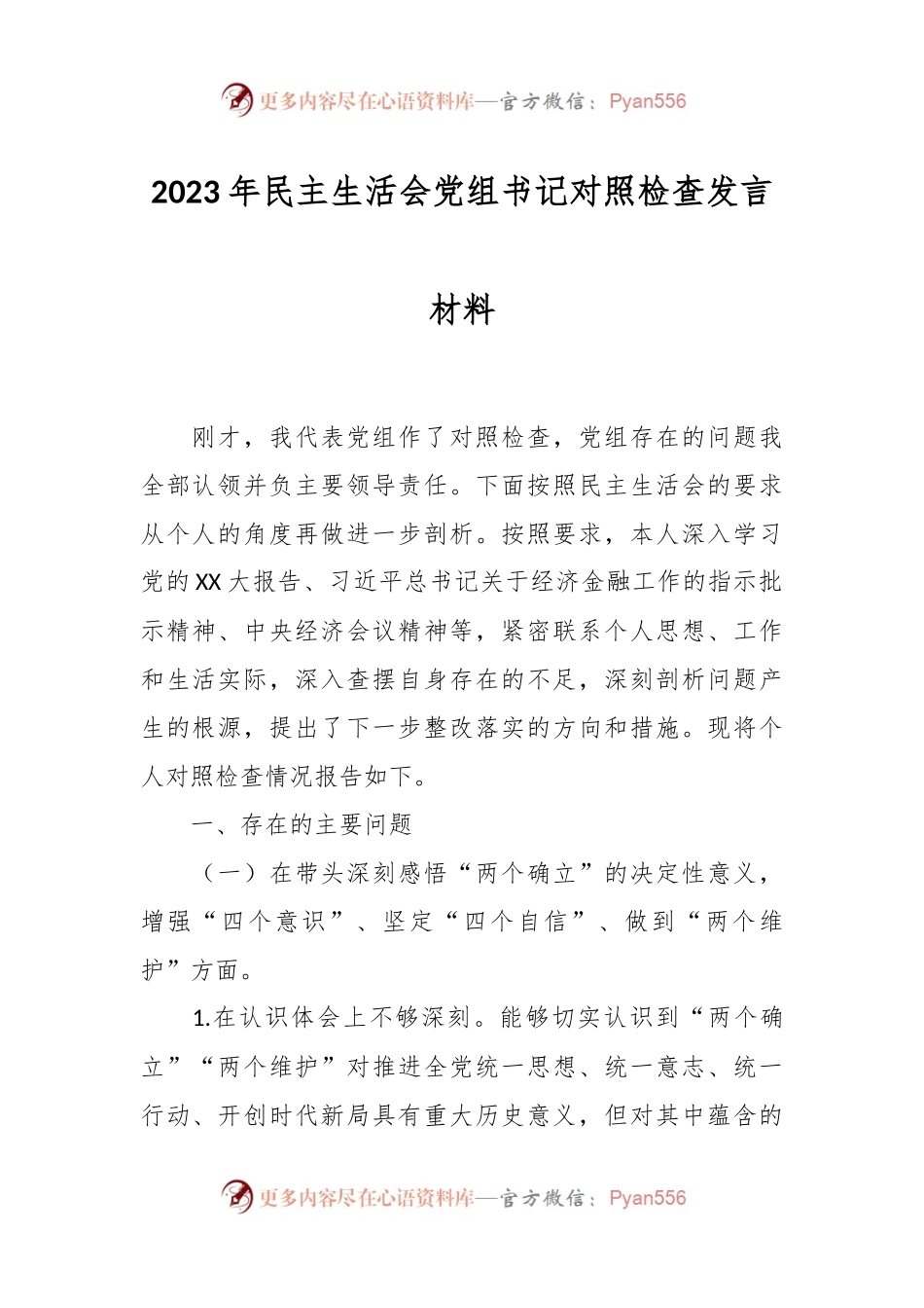 2023年民主生活会党组书记对照检查发言稿材料.docx_第1页