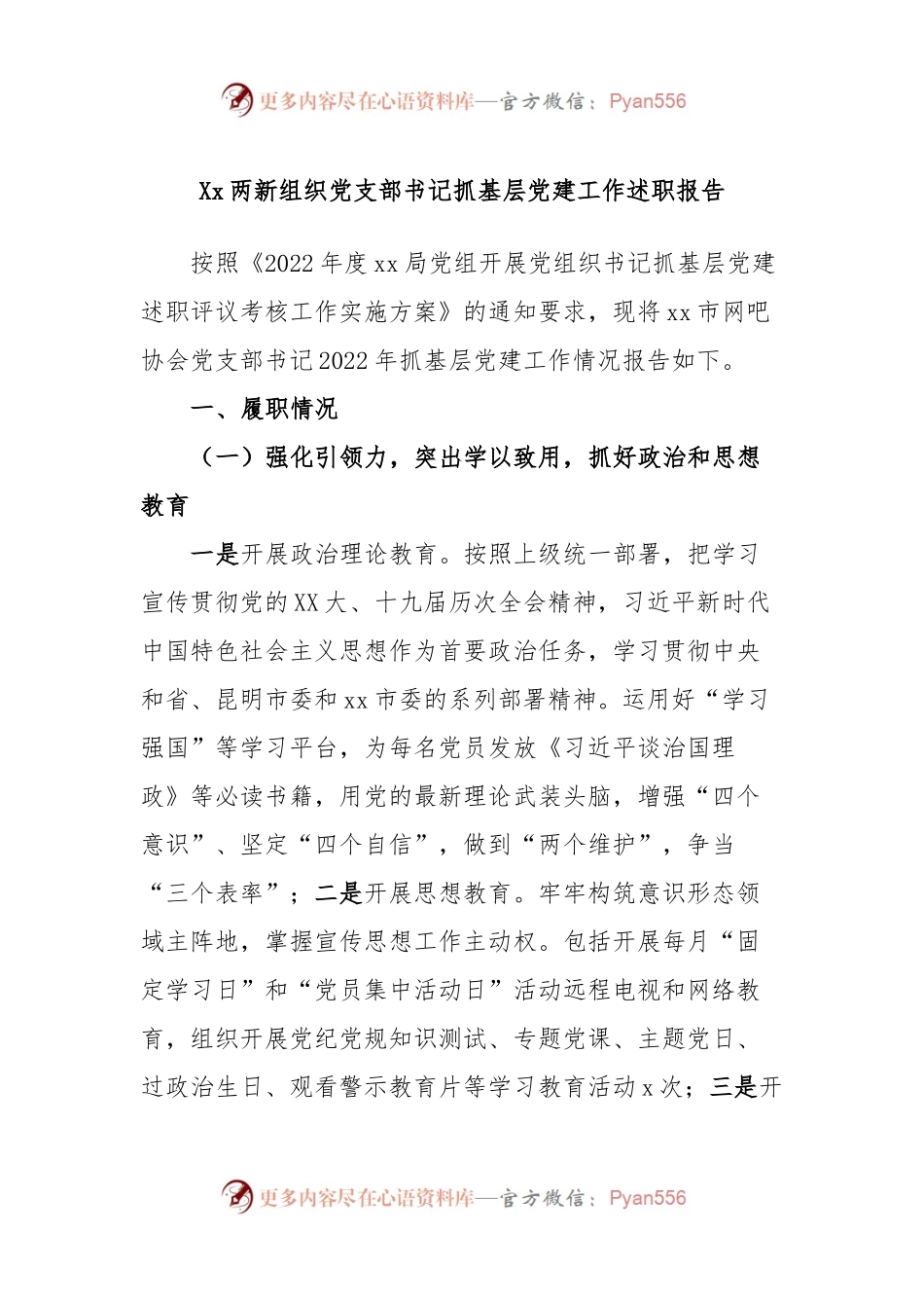 Xx两新组织党支部书记抓基层党建工作述职报告.docx_第1页