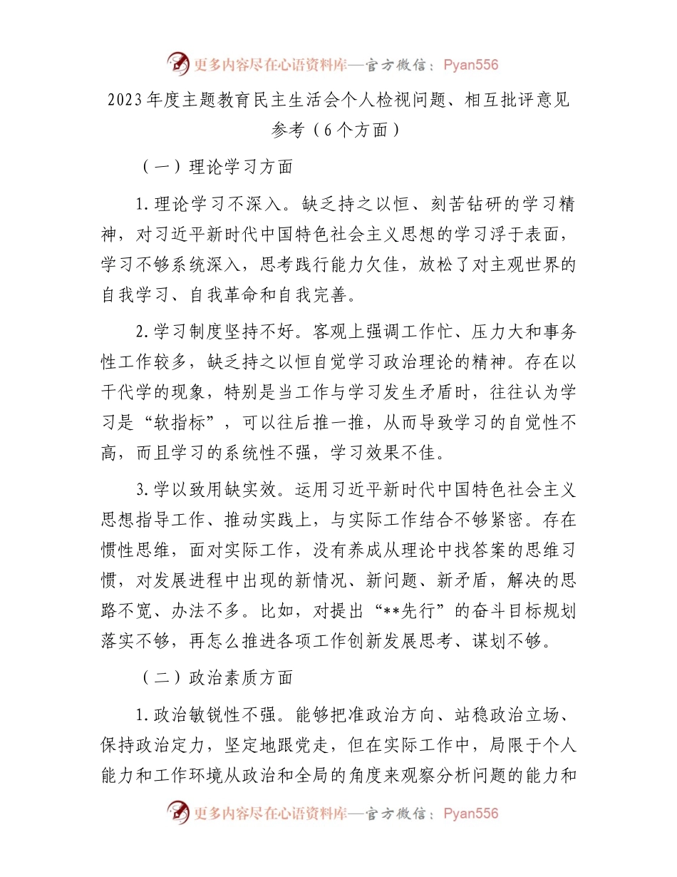 2023年度主题教育民主生活会个人检视问题、相互批评意见参考（6个方面）.docx_第1页