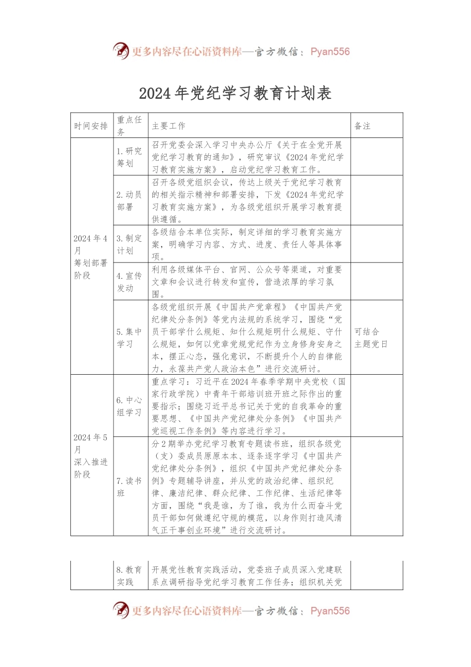 2024年党纪学习教育计划表.docx_第1页