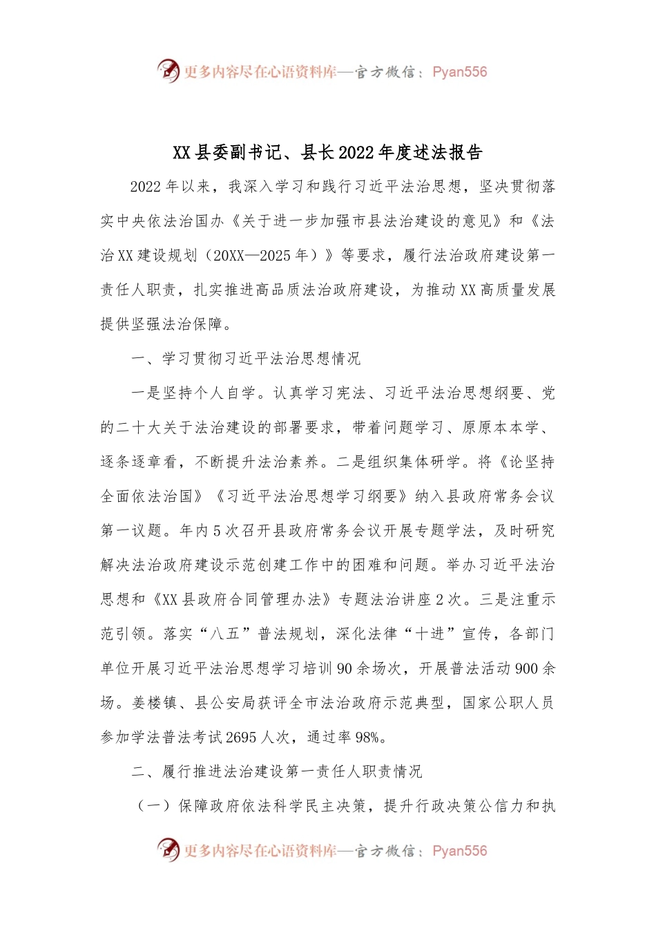 XX县委副书记、县长2022年度述法报告.docx_第1页