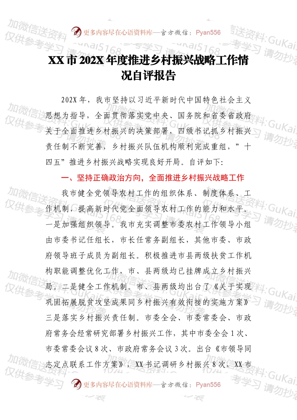 XX市202X年度推进乡村振兴战略工作情况自评报告.docx_第1页