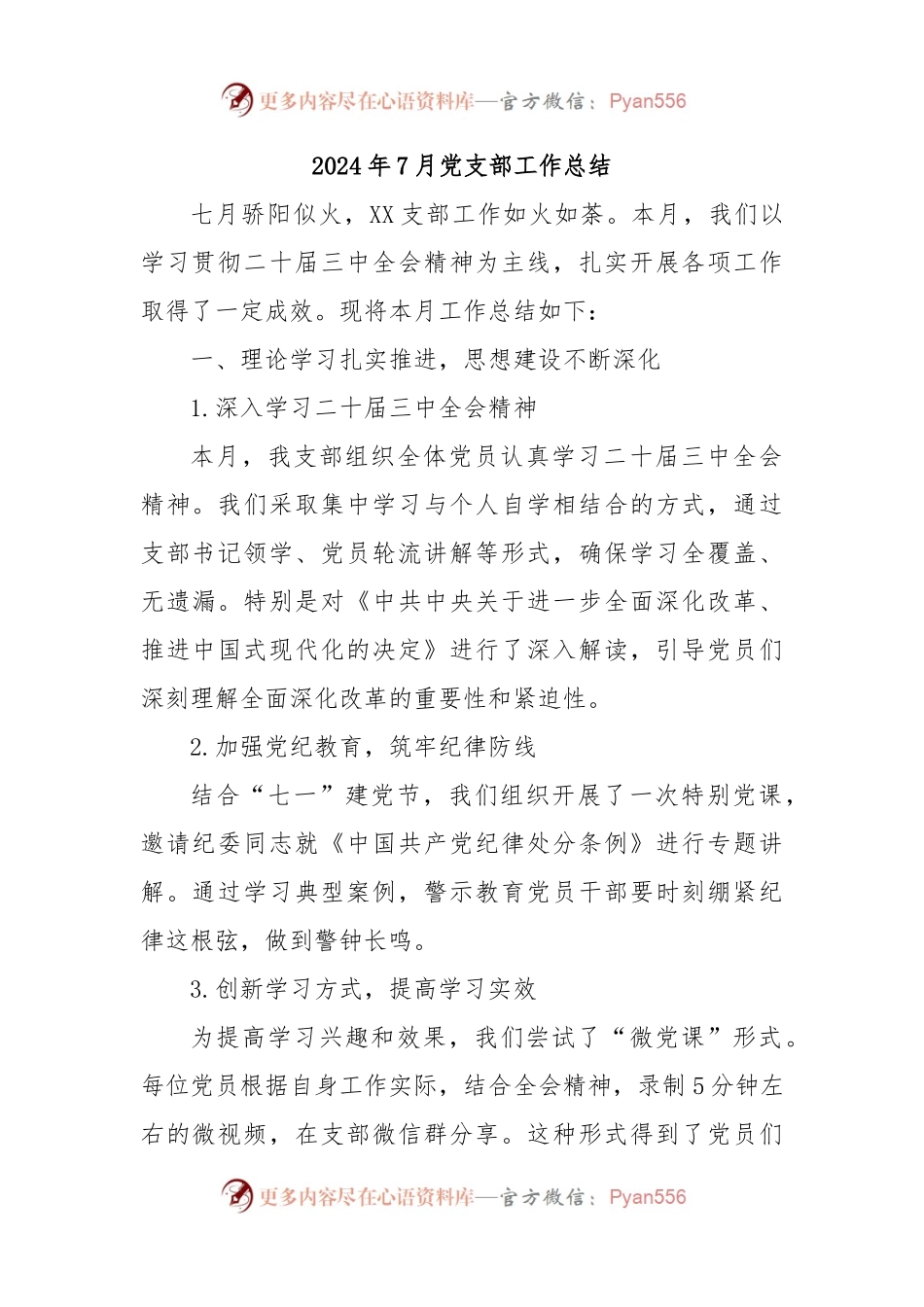 2024年7月党支部工作总结.docx_第1页